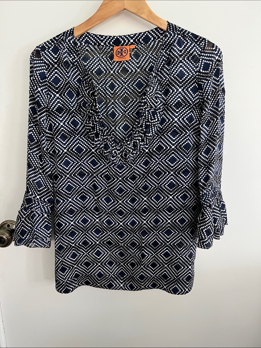 Tory Burch Navy and White Diamond-Print Ruffle V-Neck Tunic Top